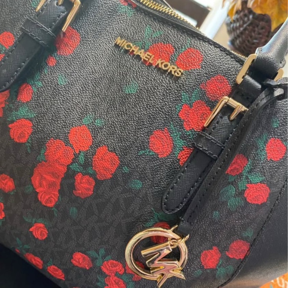 Michael Kors Black and Red Floral Handbag excellent condition for $80